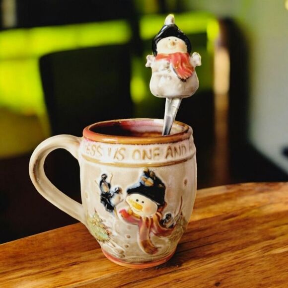 Vtg Snowman Coffee Cup Mug & Matching Spoon Set /Bless Us One And All Christmas - Picture 1 of 15